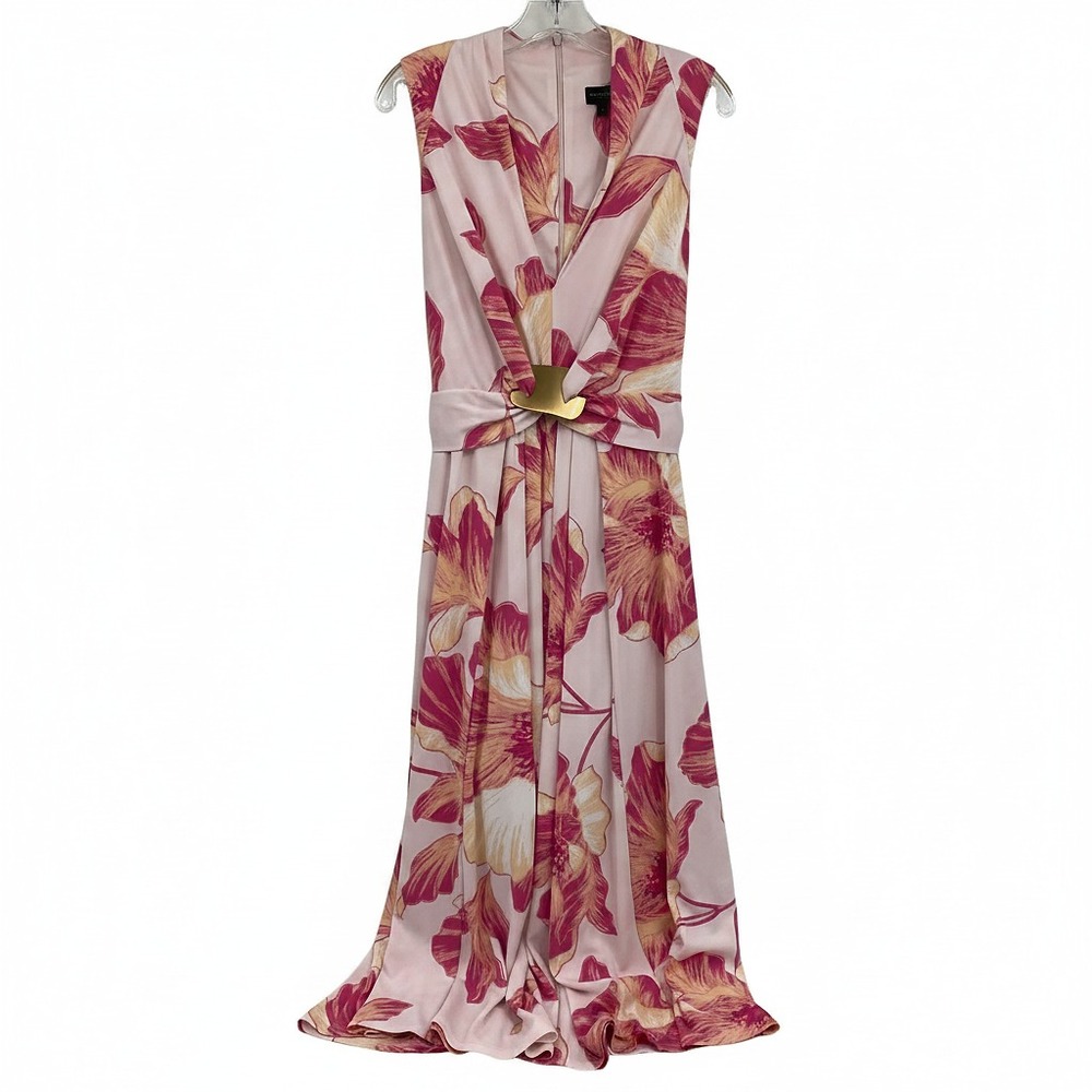 Donna Karan Pink Orange Floral Midi Dress | Floral Fit & Flare, Regular 12